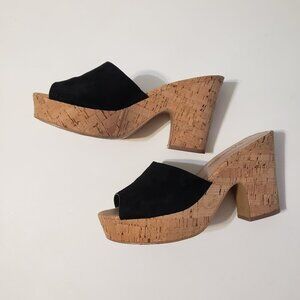 NM Neiman Marcus Black Suede Cork Platform Chunky Slip On Sandal Heels 8